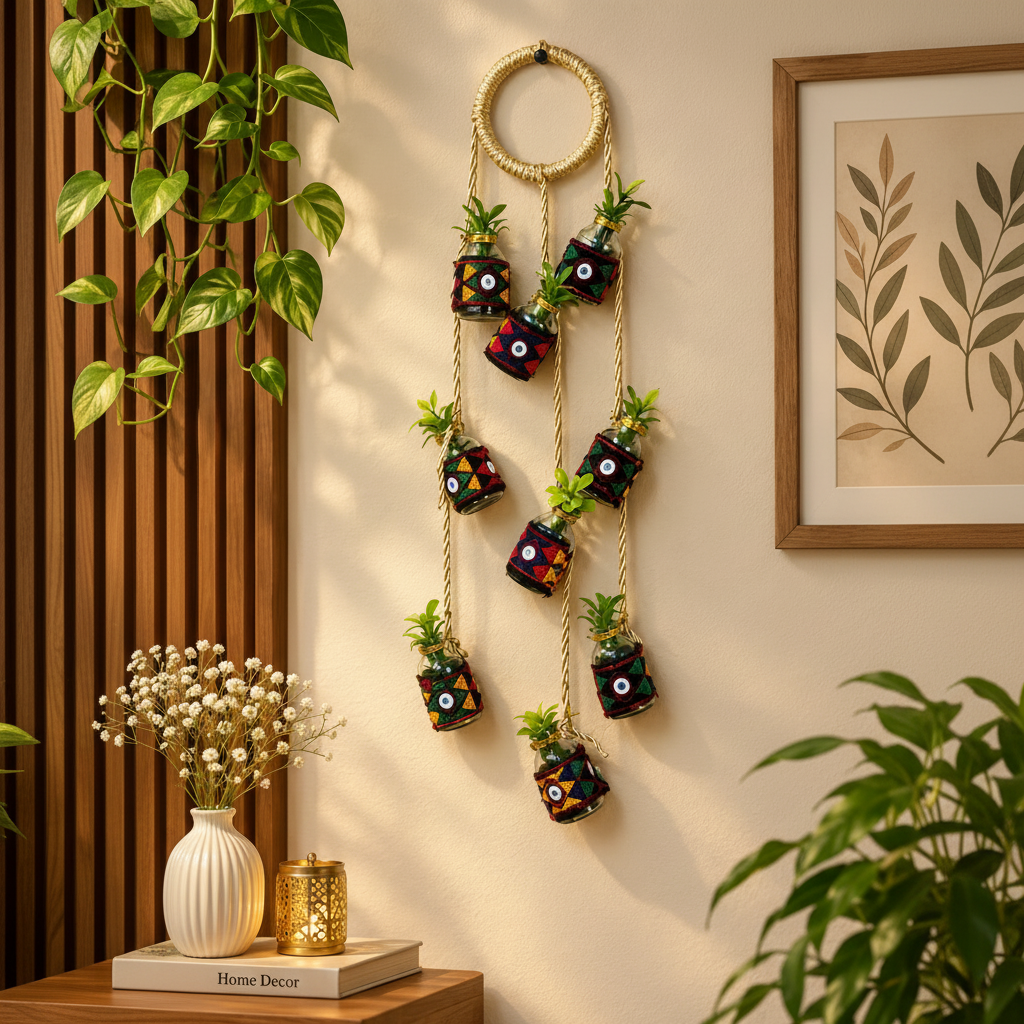 Handmade vertical hanging decoration made of recycled mini glass bottles and golden rope.