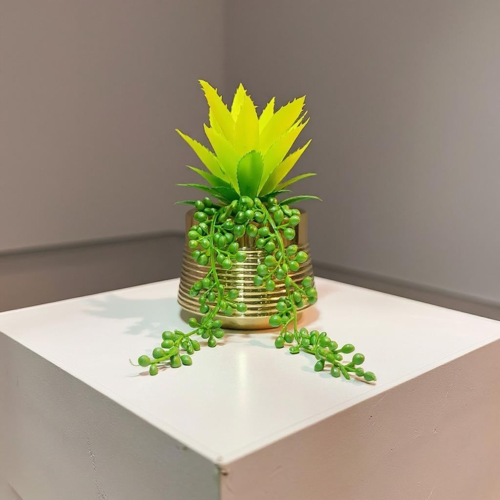 Classic Golden Ceramic Pot with artificial Cactus Plant & Succulent Pearls