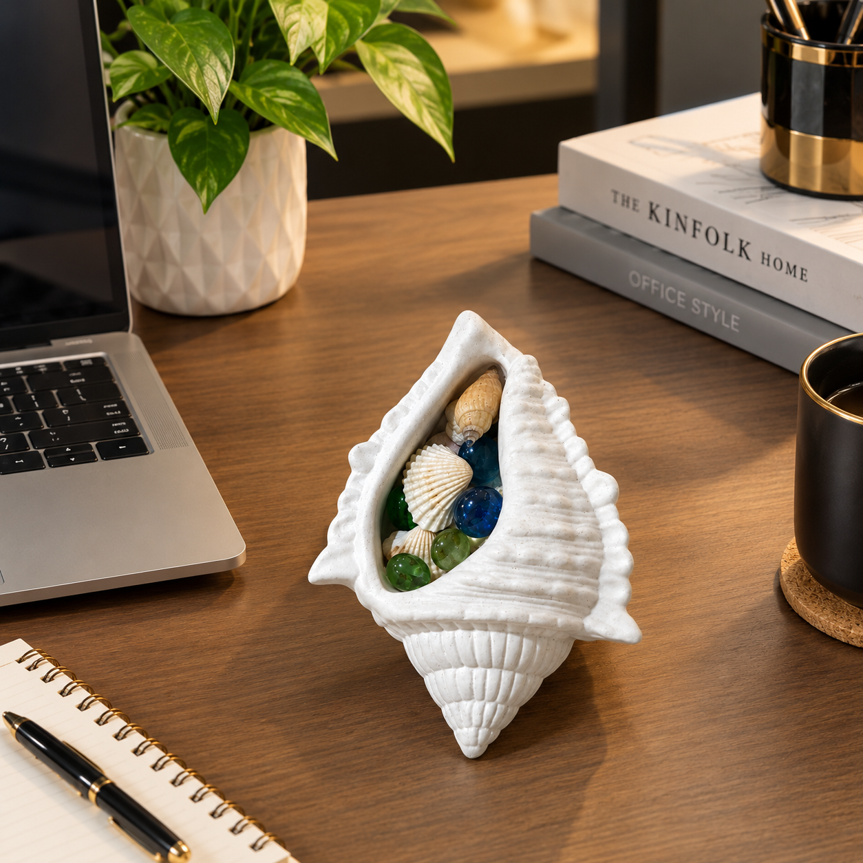 White Conch Shell-shaped decorative concrete Trinket dish with Seashells and Multicolour Glass Beads