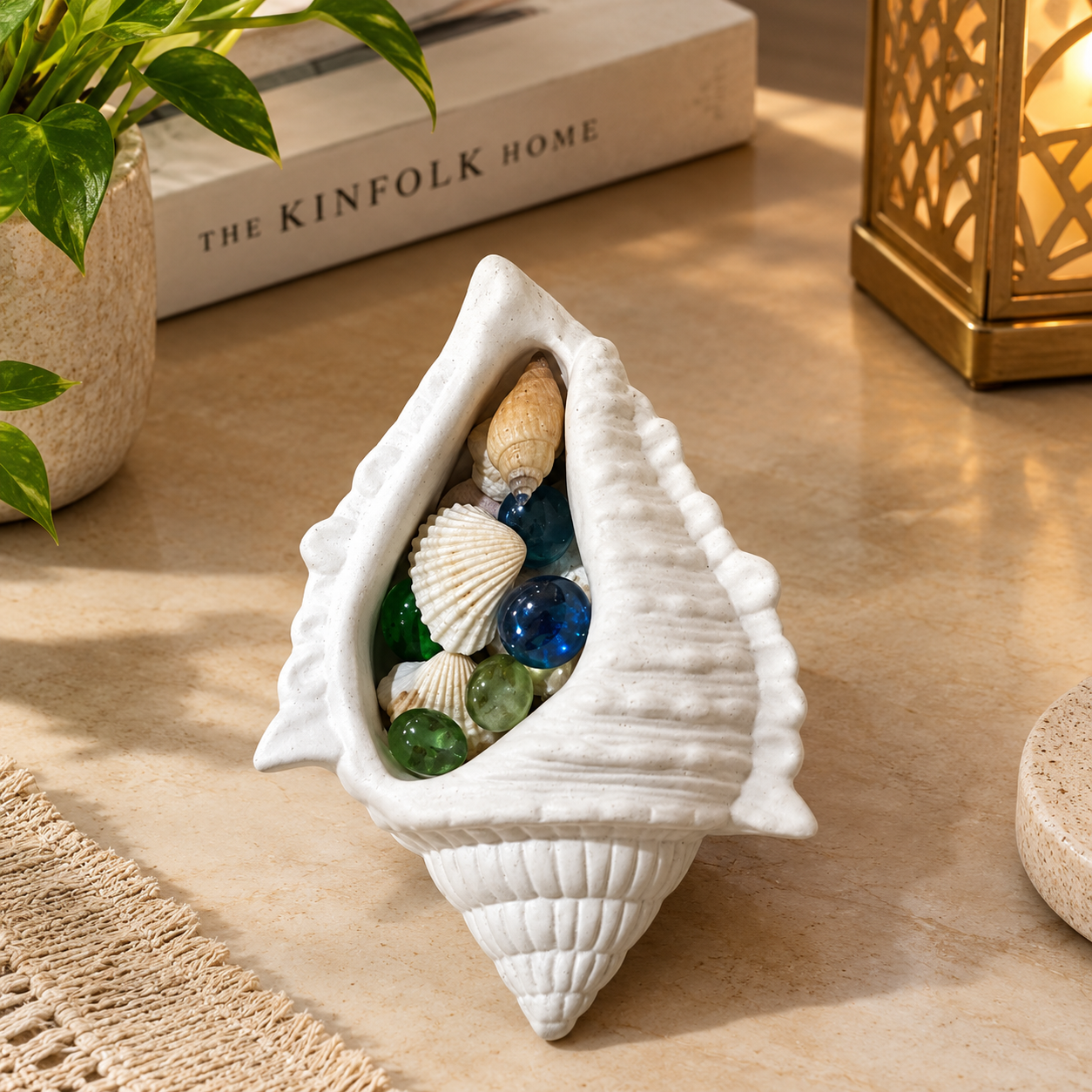 White Conch Shell-shaped decorative concrete Trinket dish with Seashells and Multicolour Glass Beads