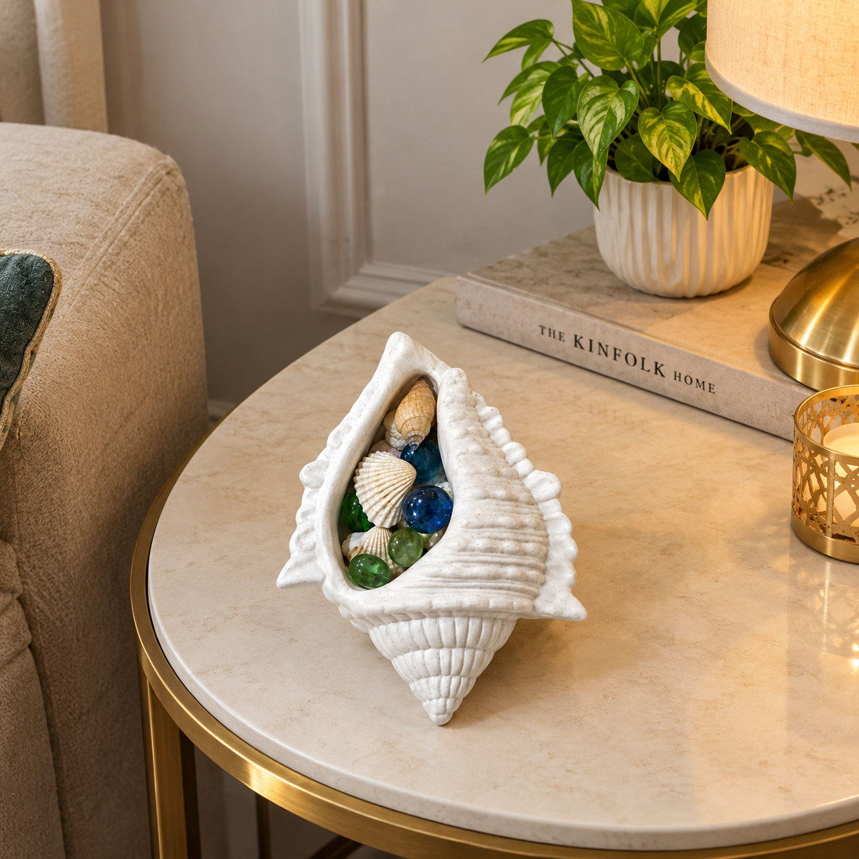 White Conch Shell-shaped decorative concrete Trinket dish with Seashells and Multicolour Glass Beads