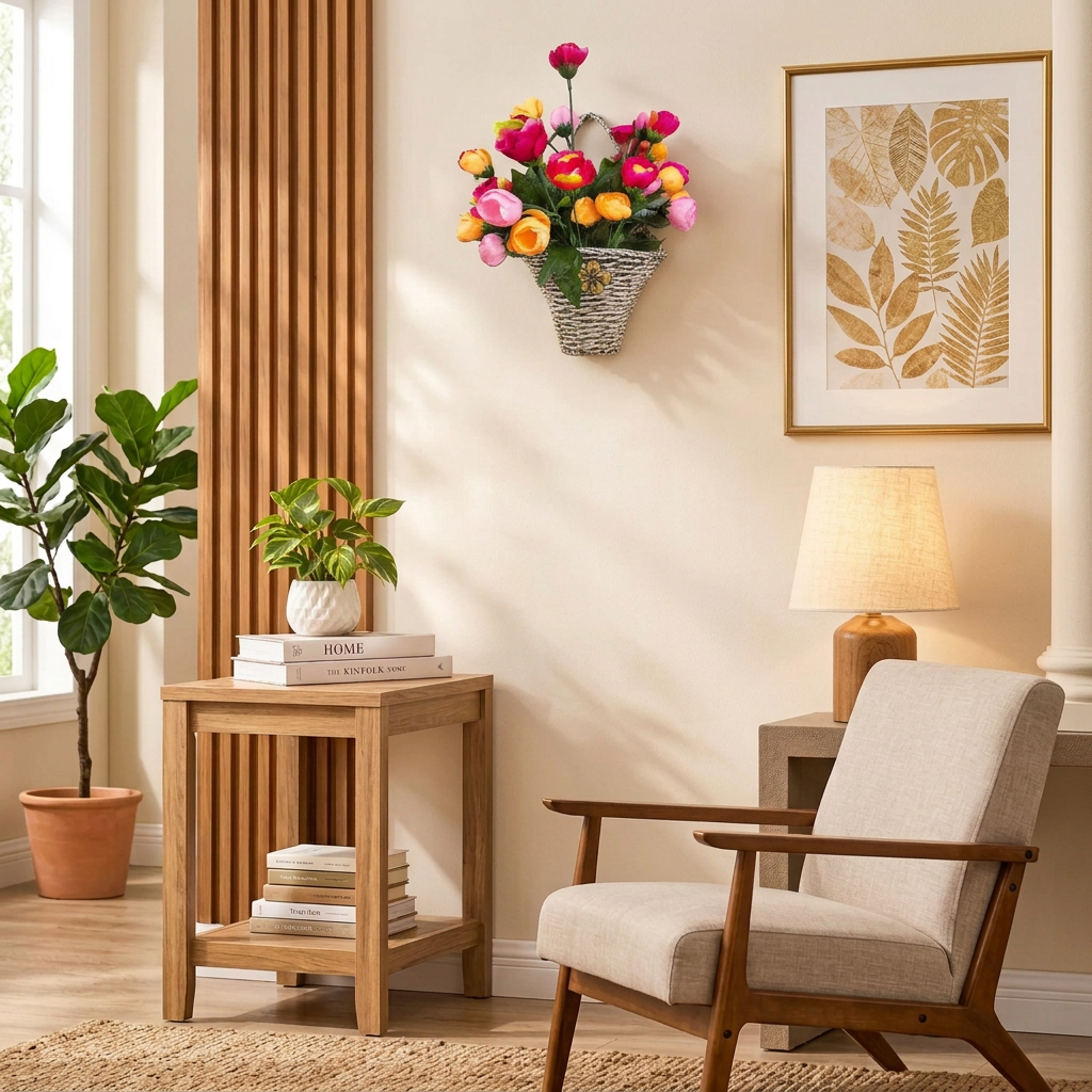 Multi Colour Flowers in a Cane Basket for Wall Hanging