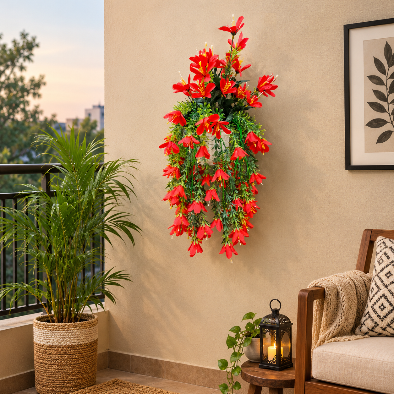 Red Lilly Artificial Flower Bail in Plastic Basket for Wall Hanging