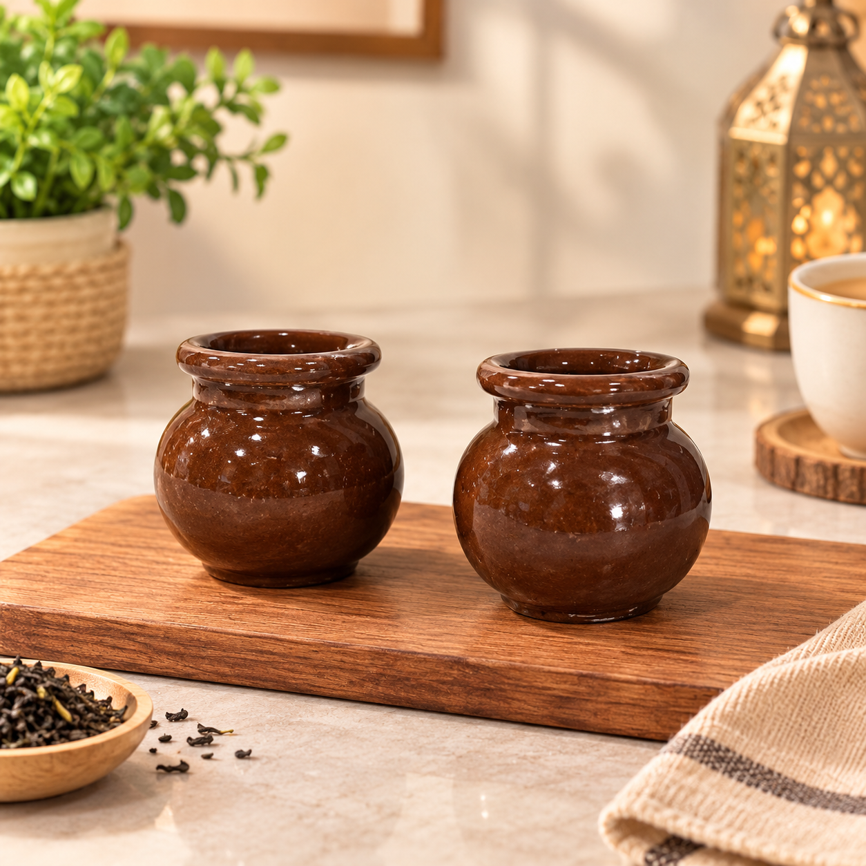 2-Pcs Set of Handmade Brown Colour Ceramics Matki Style Qahwa/Chai Pots