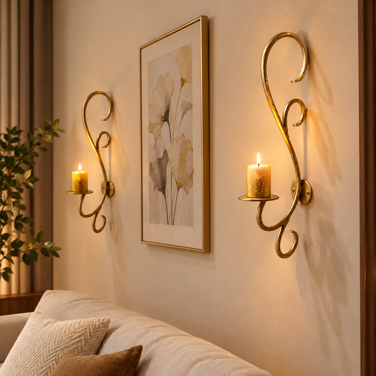 Set of 2 gold-painted metal wall sconce Candle Holder with an Ornate Curved vine and loop design (without Candles)