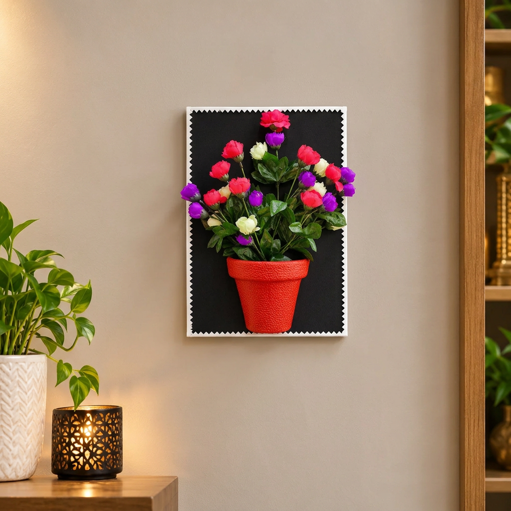 Half Red Pot with Multi Colour Flowers on Black Canvas Frame