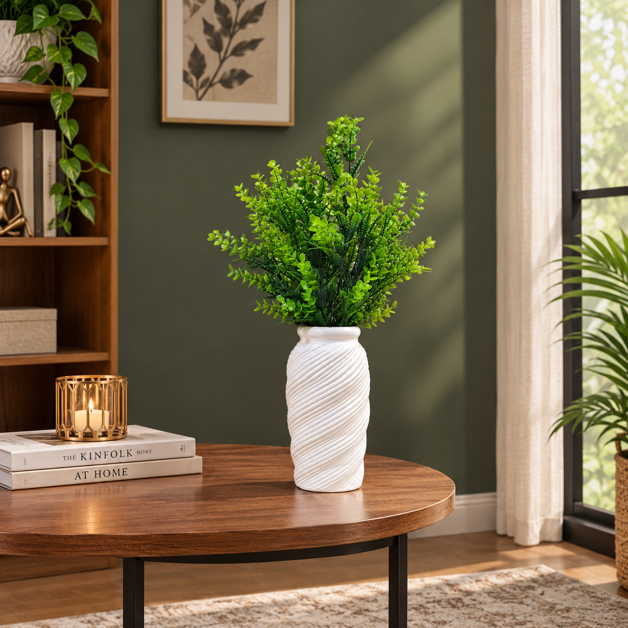 Spiral-Patterned decorative Plastic Vase (White) with 2 Bunches of artificial Green foliage