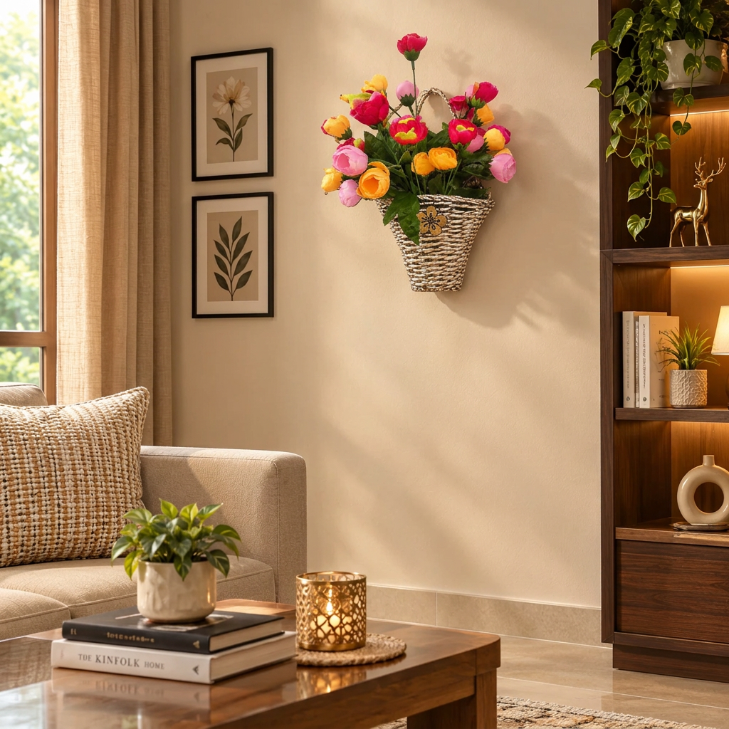 Multi Colour Flowers in a Cane Basket for Wall Hanging