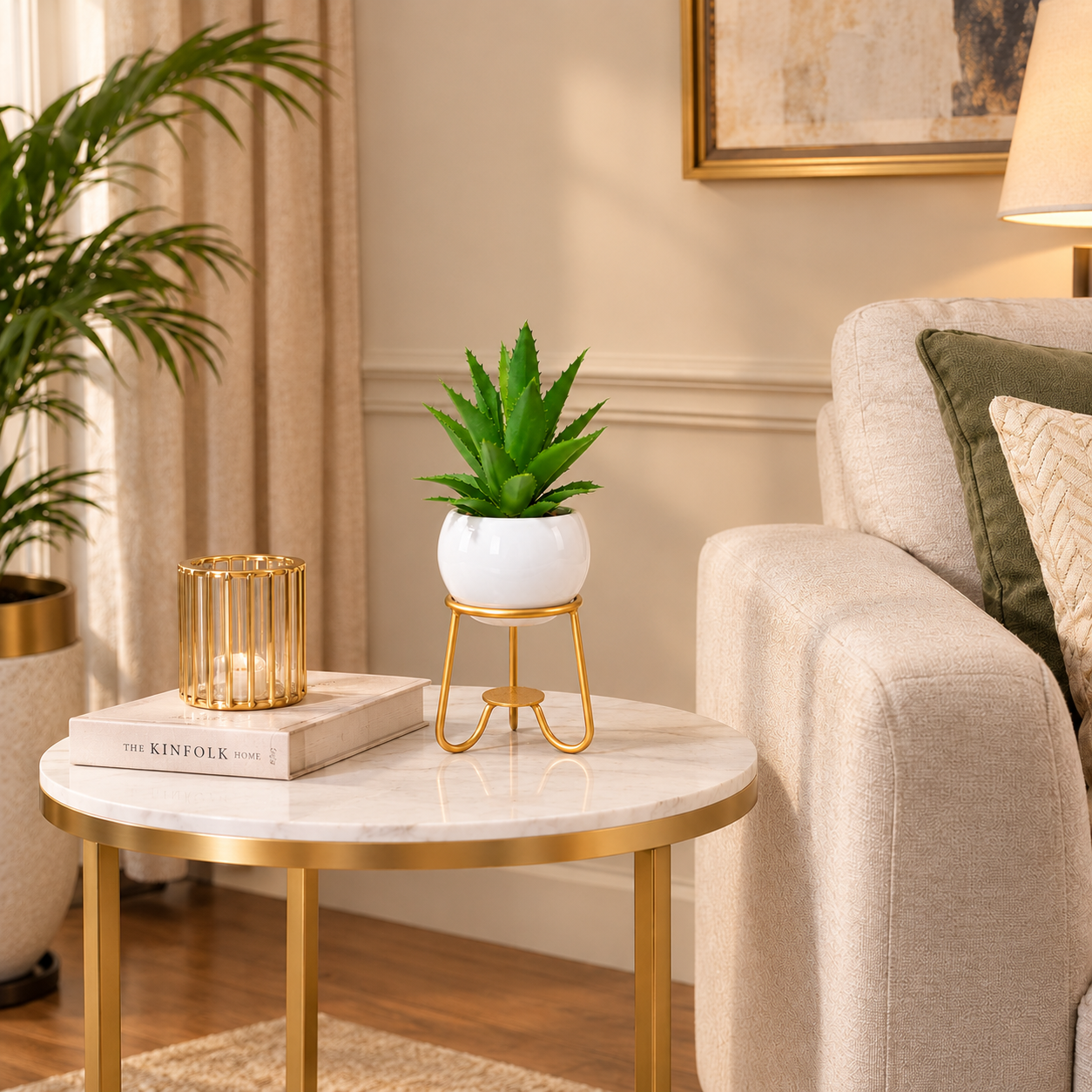 White Ceramic Pot with Artificial Cactus Plant on Golden Metallic Stand