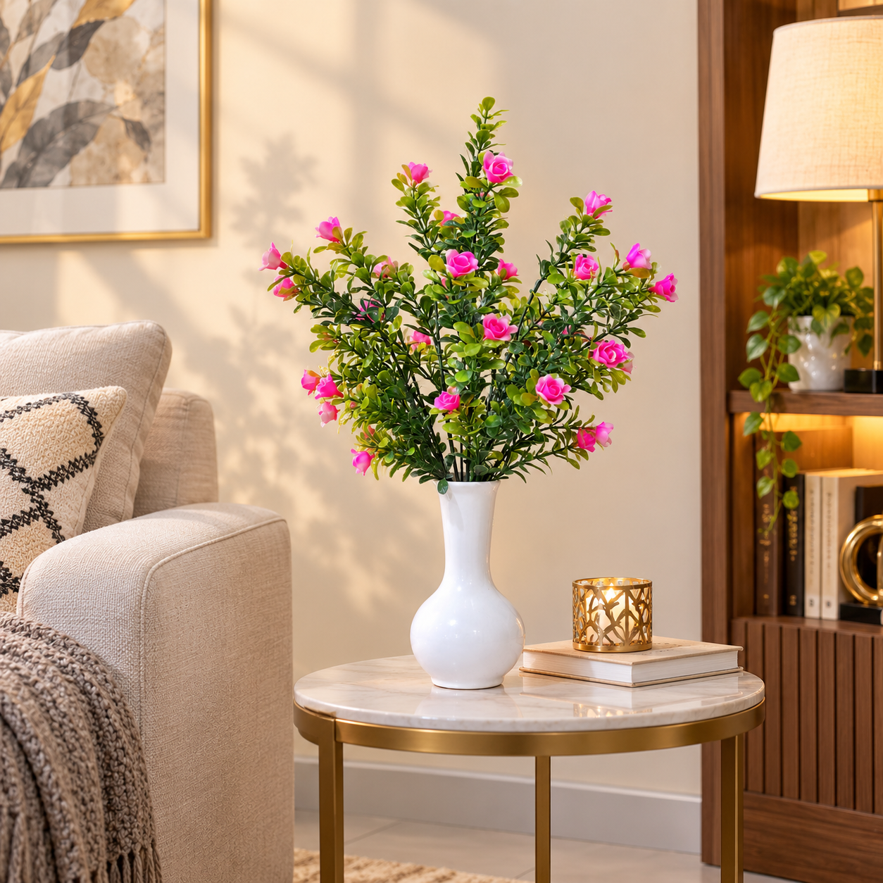 White Ceramic Pot with a Bunch of Plastic Plant leaves & Pink flowers