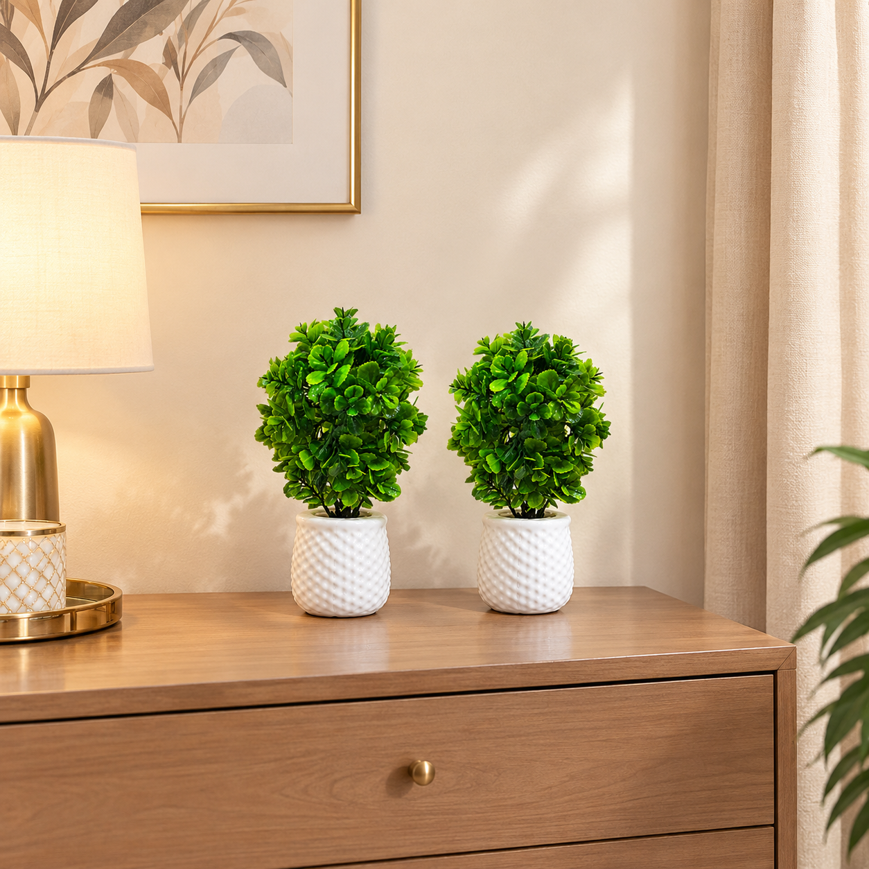 Pack of 2 White Textured Plastic Pots with artificial dark green foliage plant