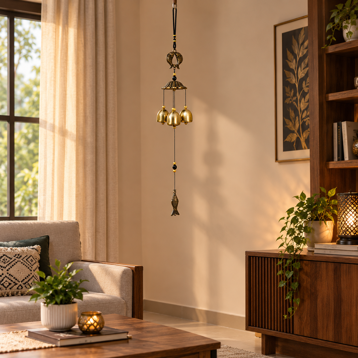 Metallic Feng Shui Wind Chime with dual fishes, a Pagoda-Style top cap, three Crisp Bells, and a fish Charm at the bottom.