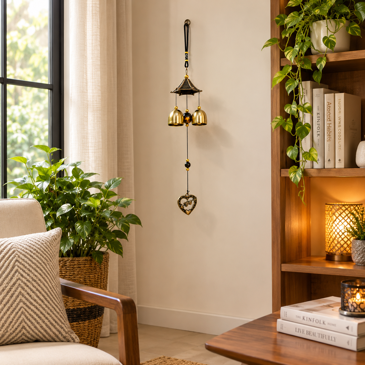 Metallic Wind Chime with a small pagoda-style top canopy, three crisp bells, and a heart-shaped charm hanging at the bottom
