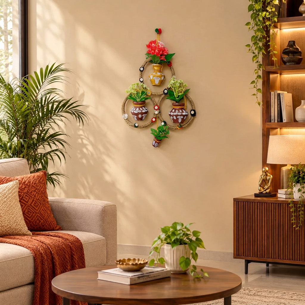 Handmade Triple Ring Wall Hanging with Painted Mud Pots and Artificial Flowers