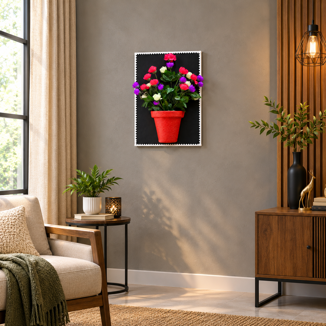 Half Red Pot with Multi Colour Flowers on Black Canvas Frame