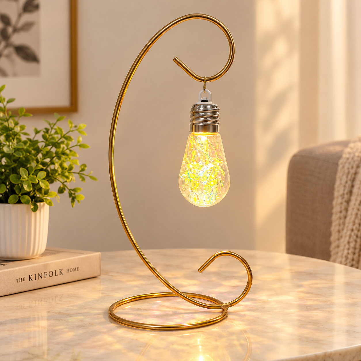 An elegant LED Bulb filled with light-reflecting filaments hanged on a golden curved metal stand