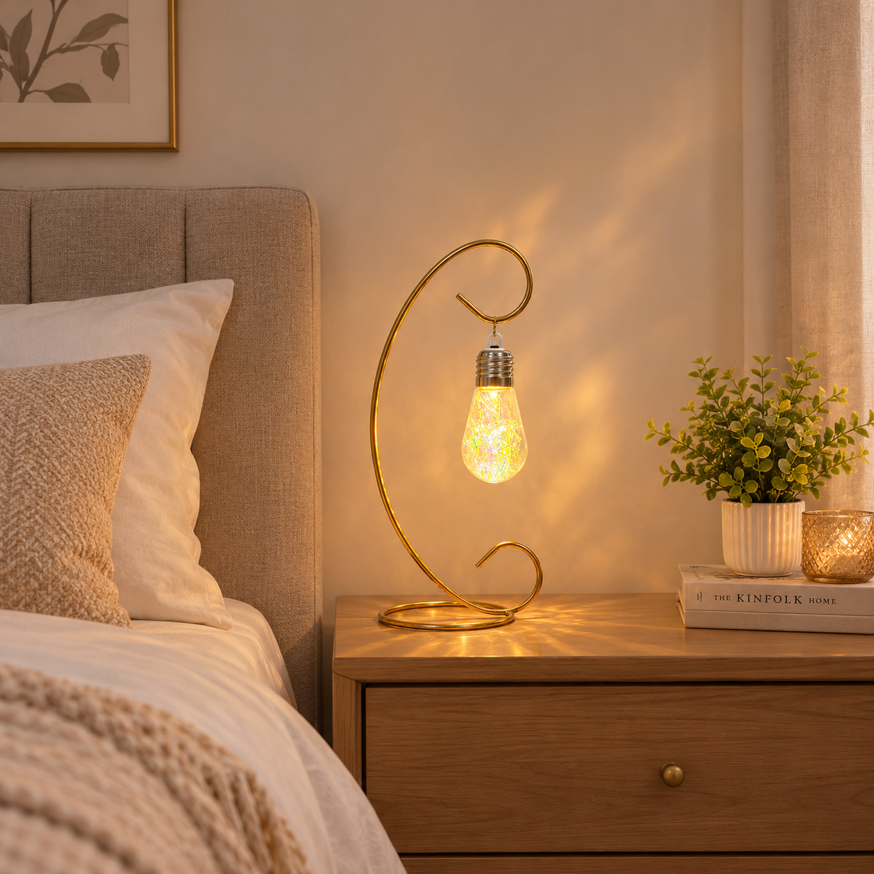 An elegant LED Bulb filled with light-reflecting filaments hanged on a golden curved metal stand