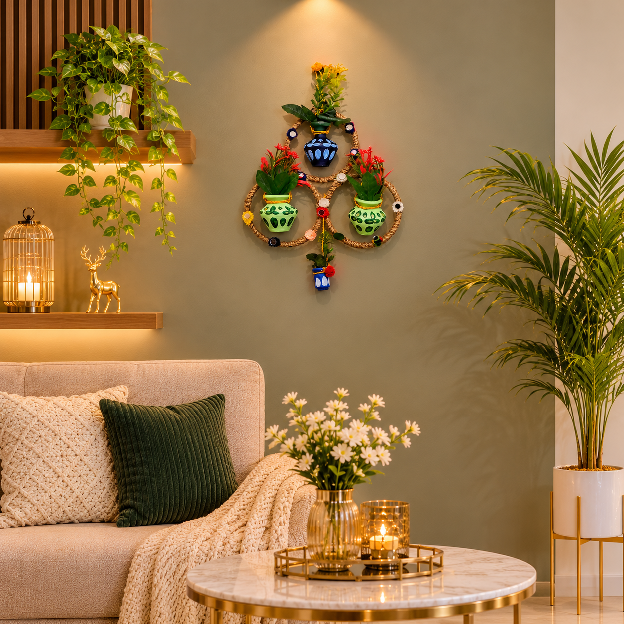 Handmade Triple Ring Wall Hanging with Painted Mud Pots and Artificial Flowers