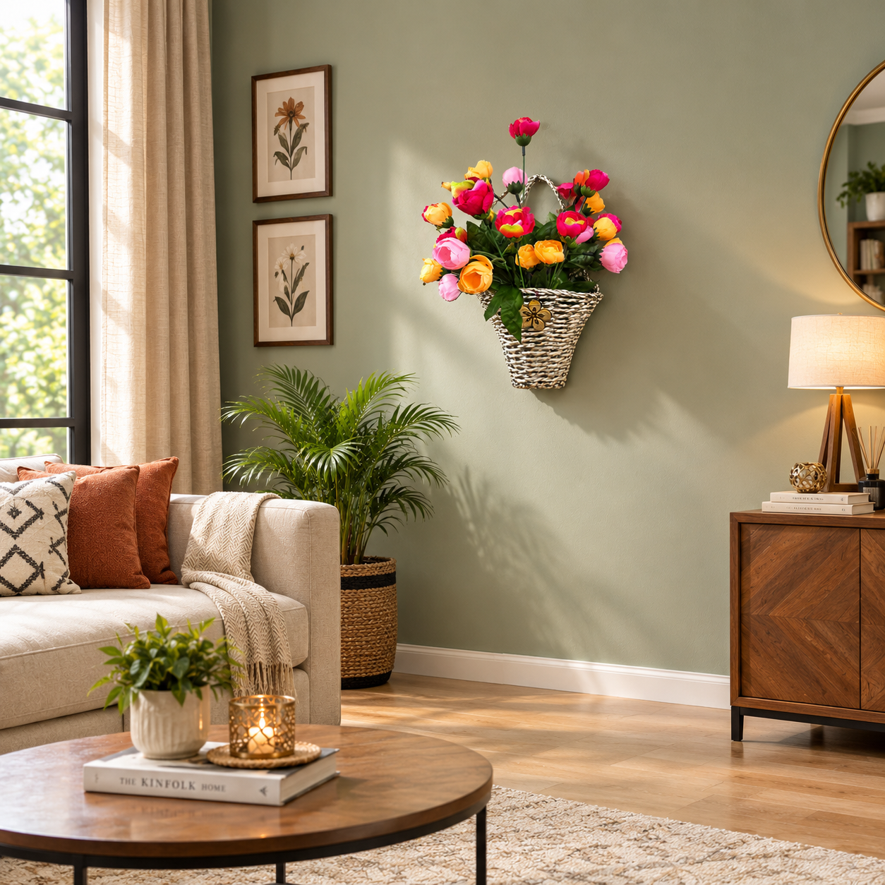 Multi Colour Flowers in a Cane Basket for Wall Hanging