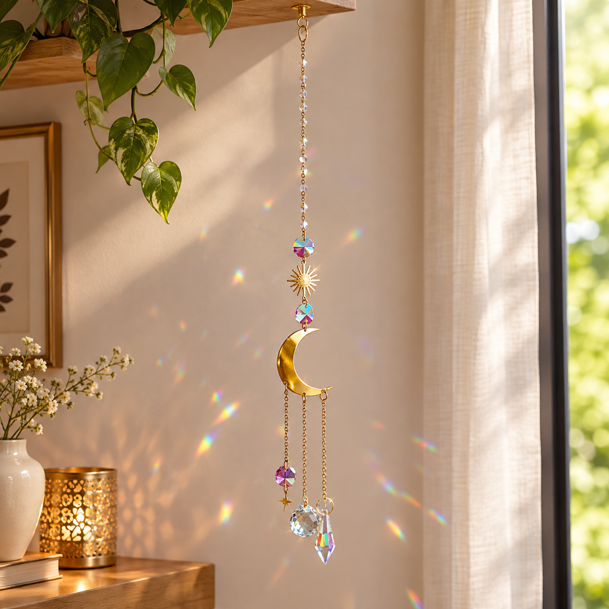 Golden Metallic Hanging Ornament with a Crescent Moon, Stars and Suncatcher Crystal Charm