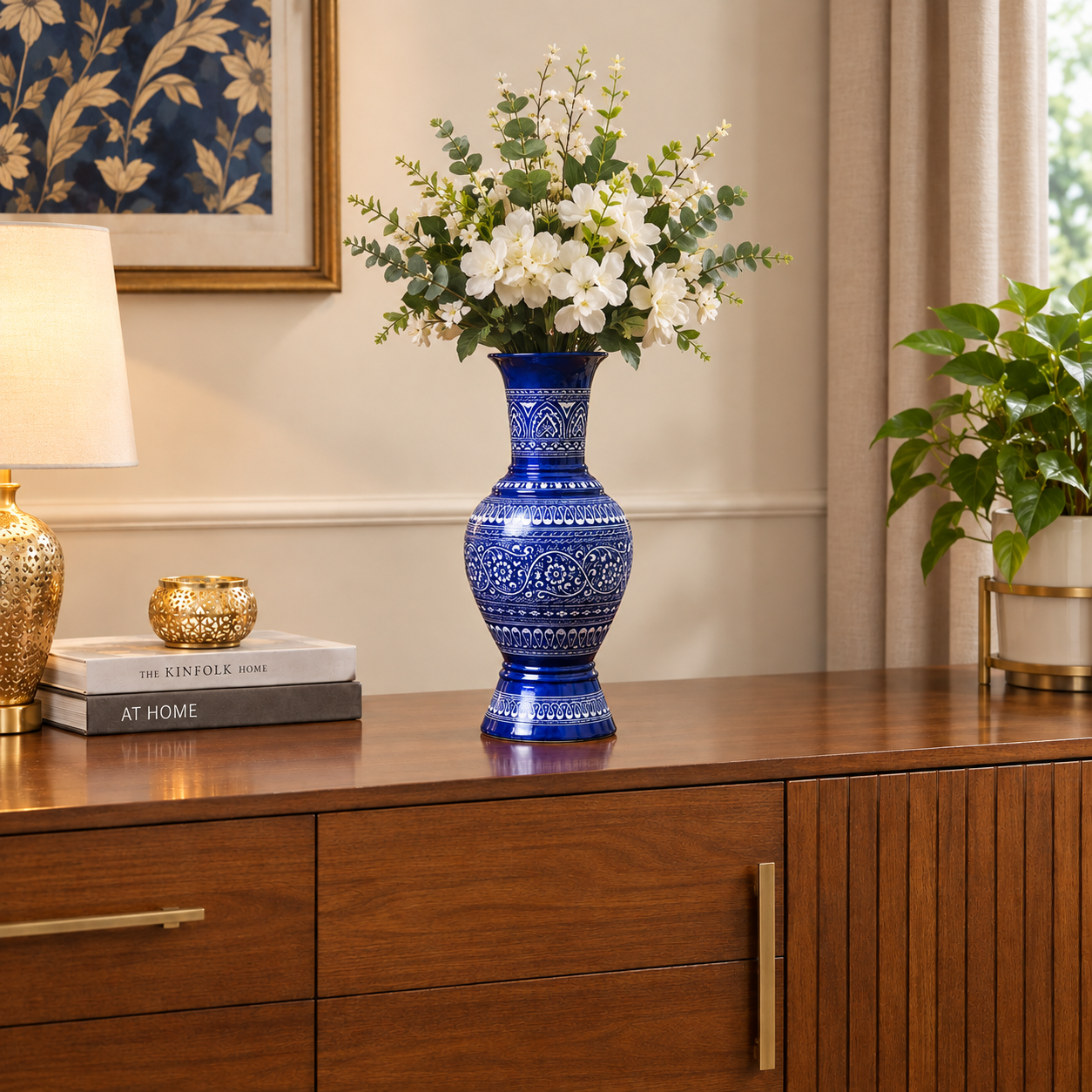 Blue-White Naqshi Wooden Vase (without Flowers)