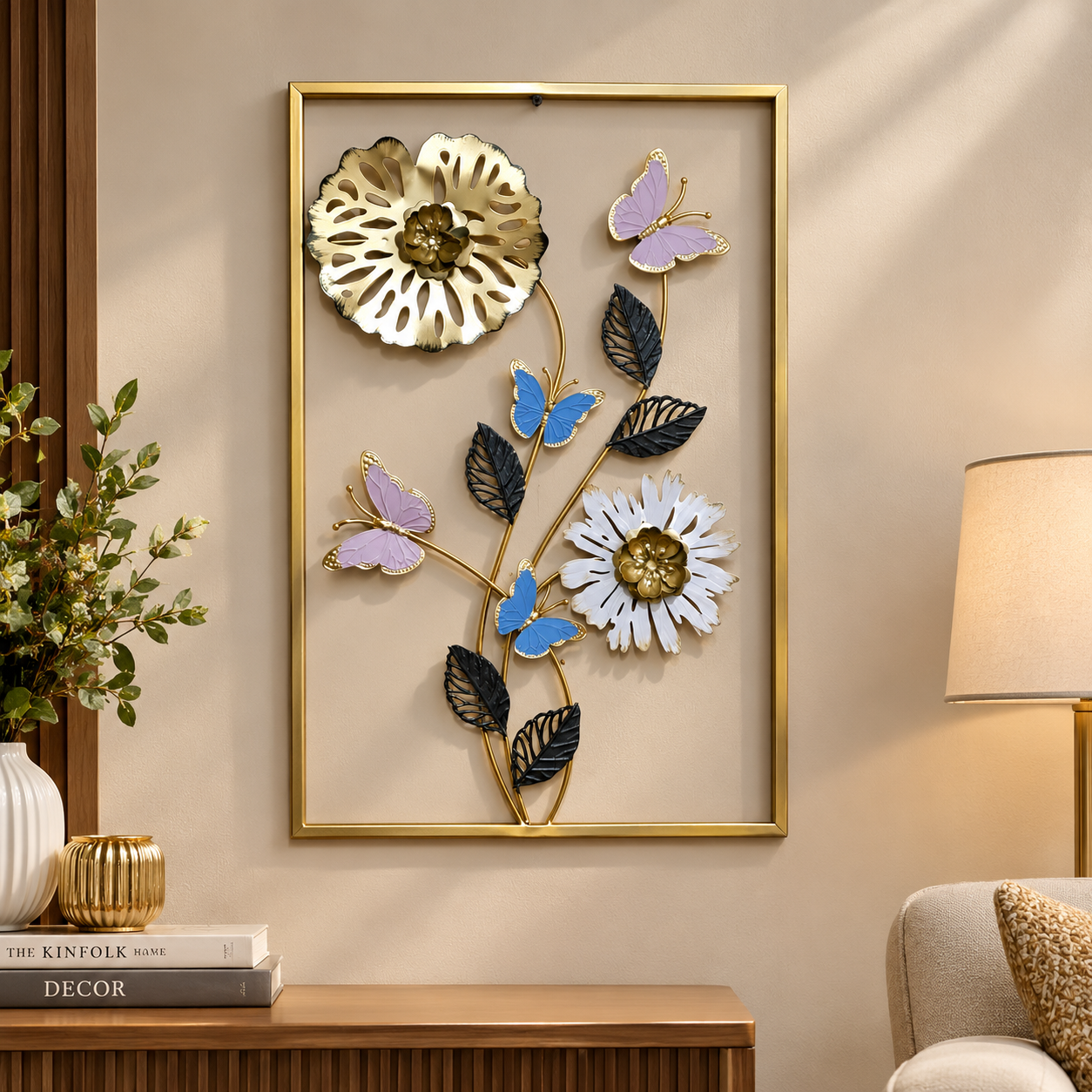 Imported 3D Metal Flower and Butterfly Wall Art Frame in a rectangular gold finish