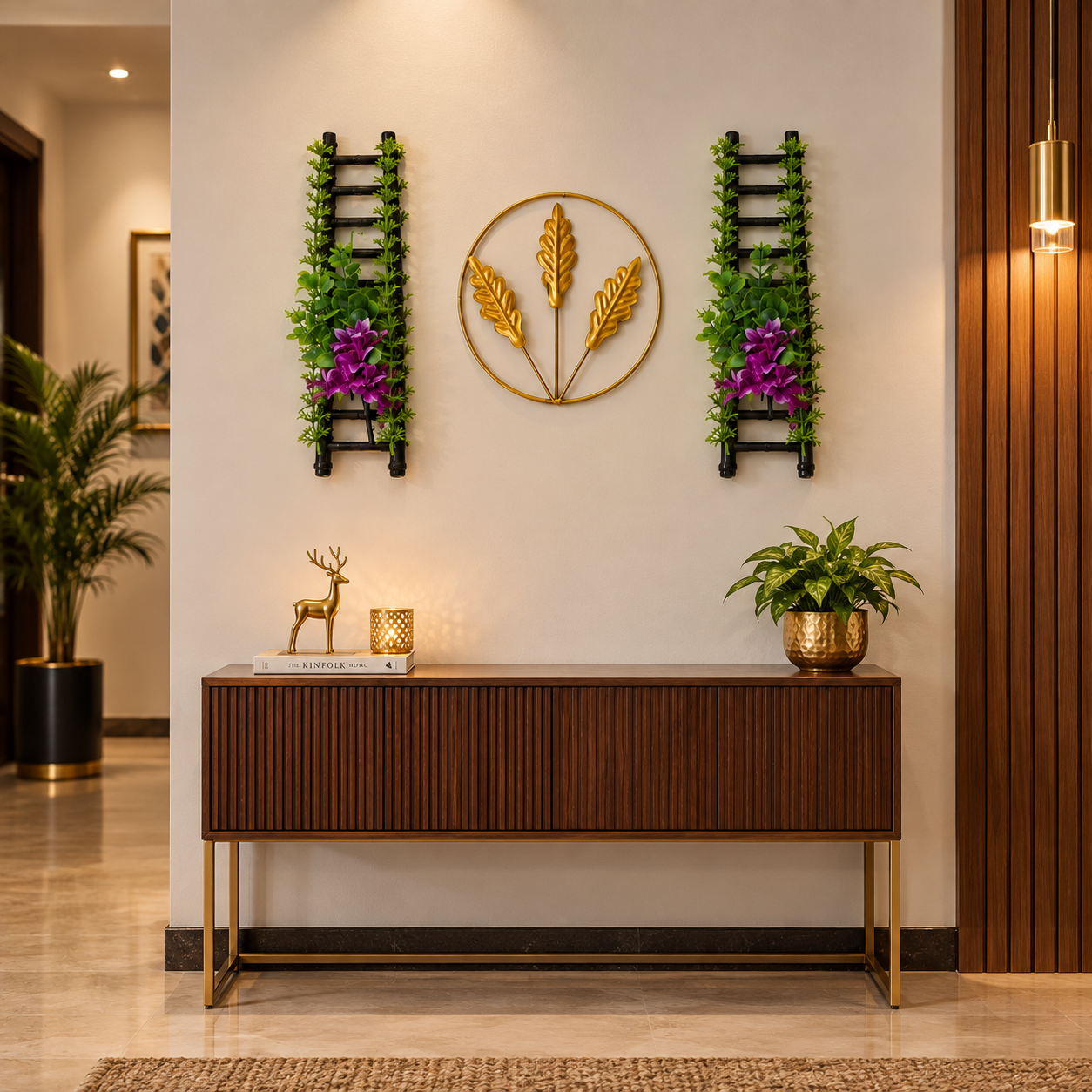 Golden Metallic Mini Round Wall hanging between 2 Black Ladders with artificial Purple flowers & Green Foliage