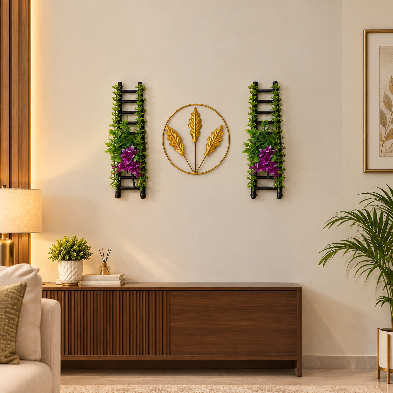 Golden Metallic Mini Round Wall hanging between 2 Black Ladders with artificial Purple flowers & Green Foliage