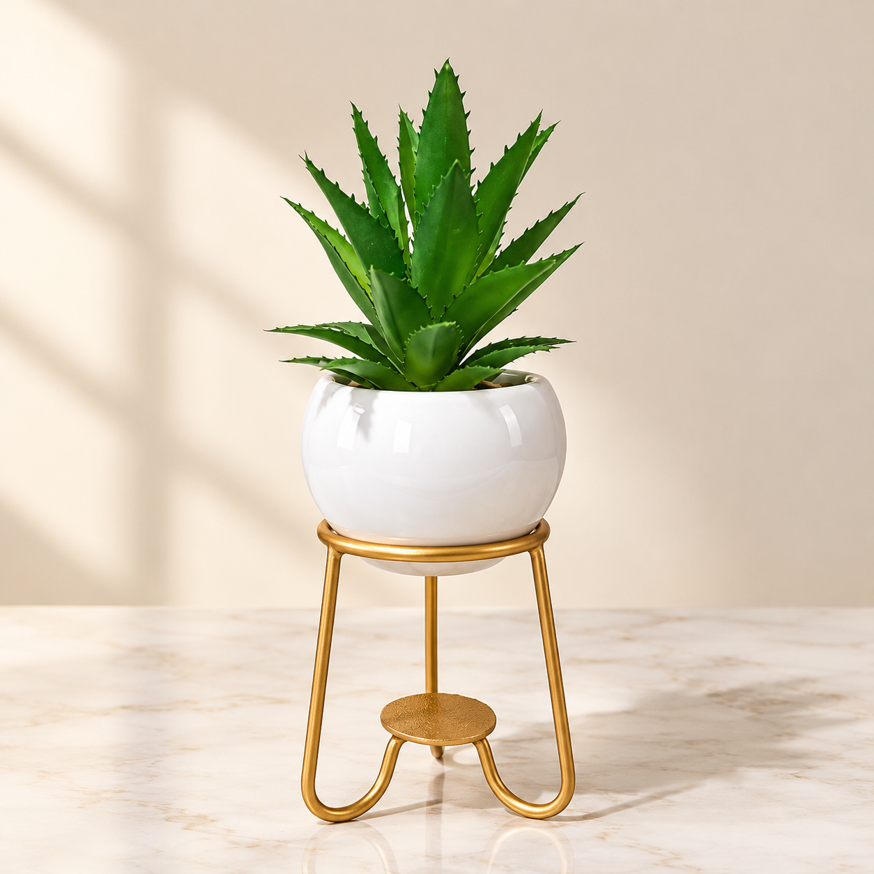 White Ceramic Pot with Artificial Cactus Plant on Golden Metallic Stand