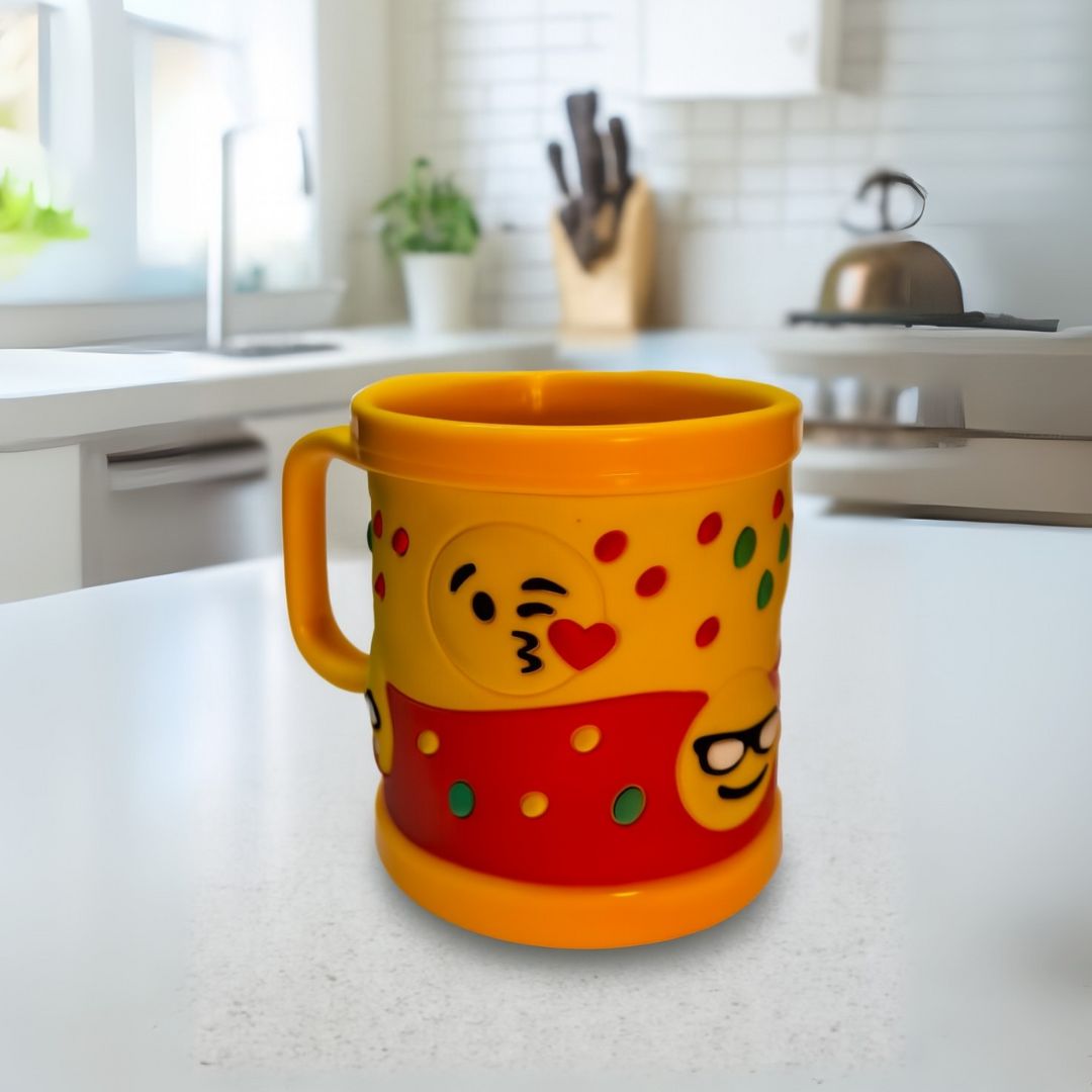 Emoji Yellow 3D Rubber Print Embossed (Unbreakable) Plastic Mug for Milk/Juice