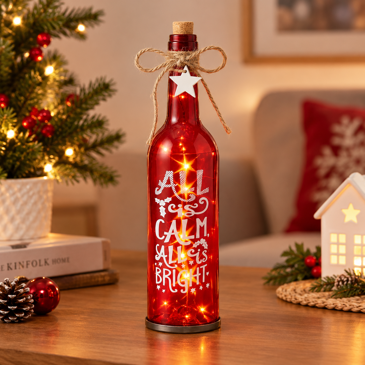 Red Glass Bottle with printed “All is Calm, All is Bright” with LED Starry String Lights inside