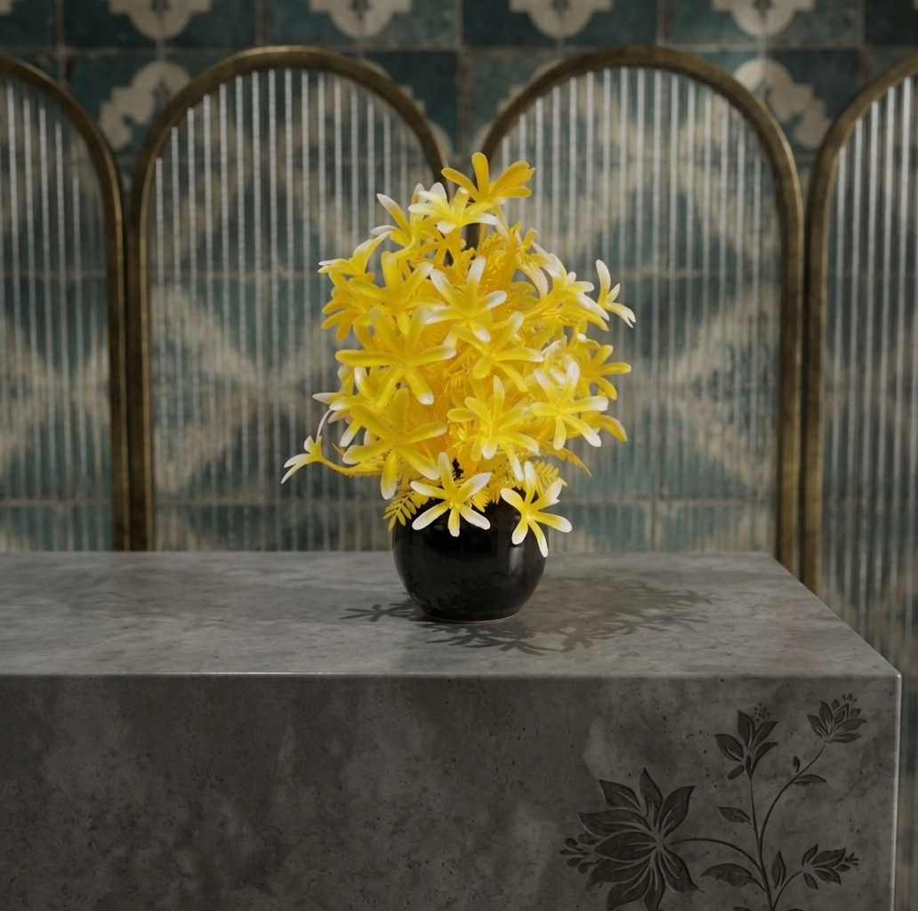 Black Ceramics Pot with artificial Yellow Plant & Flowers