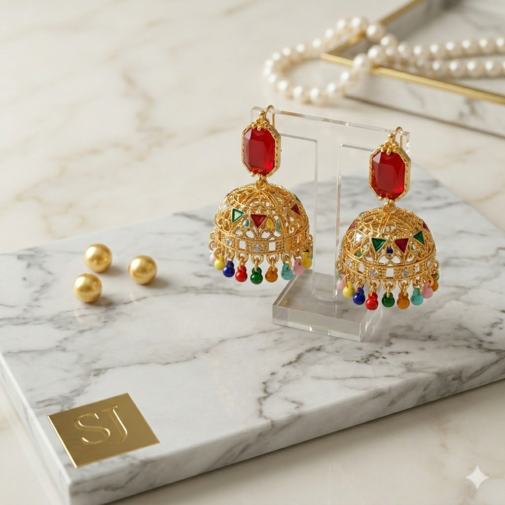 Traditional Golden Earrings (Jhumkay) with Red Gemstones & Pearls in Gift Packing
