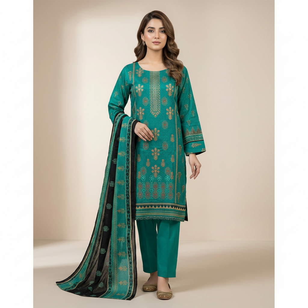 3-Pcs Printed & Embroidered Lawn Suit (Stitched)