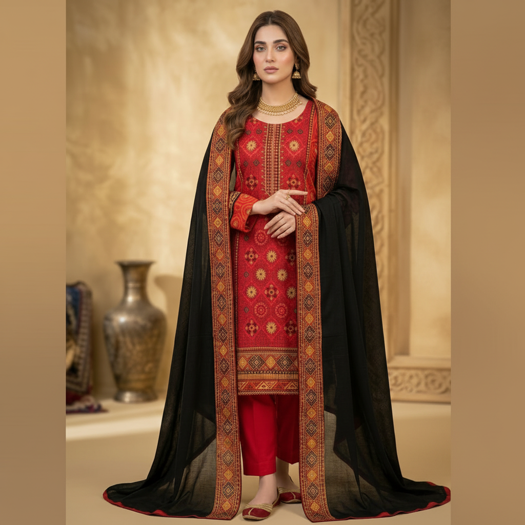 3-Pcs Printed & Embroidered Lawn Suit (Stitched)