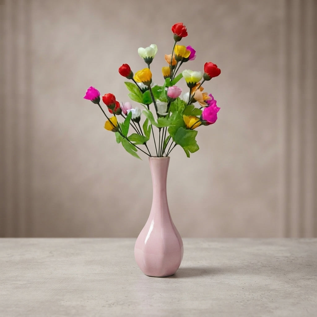 Pink narrow Neck Bud Ceramic Vase with a Bunch of Artificial Multicolour Rosebuds