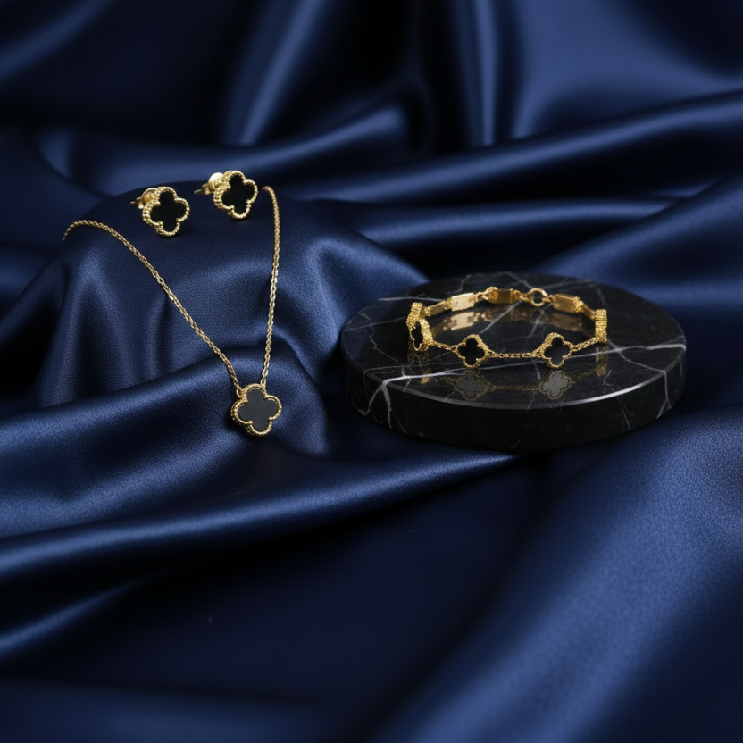 4-Pieces Set of Golden-Black 4 Leaves Clover Locket with Bracelets & Earrings in Gift Packing