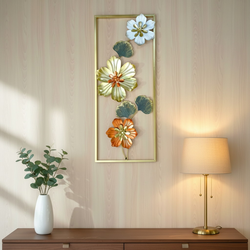 Golden Metallic Rectangular 3d Flowers Wall Décor