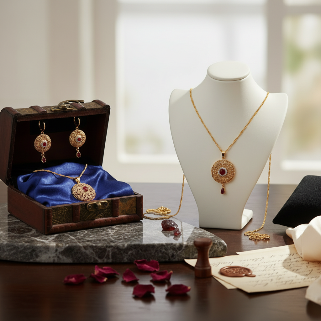 3-Pieces Set of Golden Locket & Earrings with Maroon Stones in Gift Packing