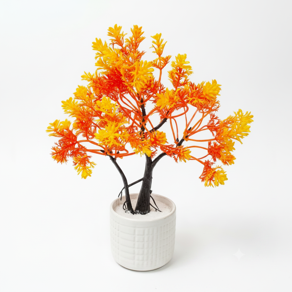 White Ceramic Pot with Artificial Multi Colour Bonsai Tree