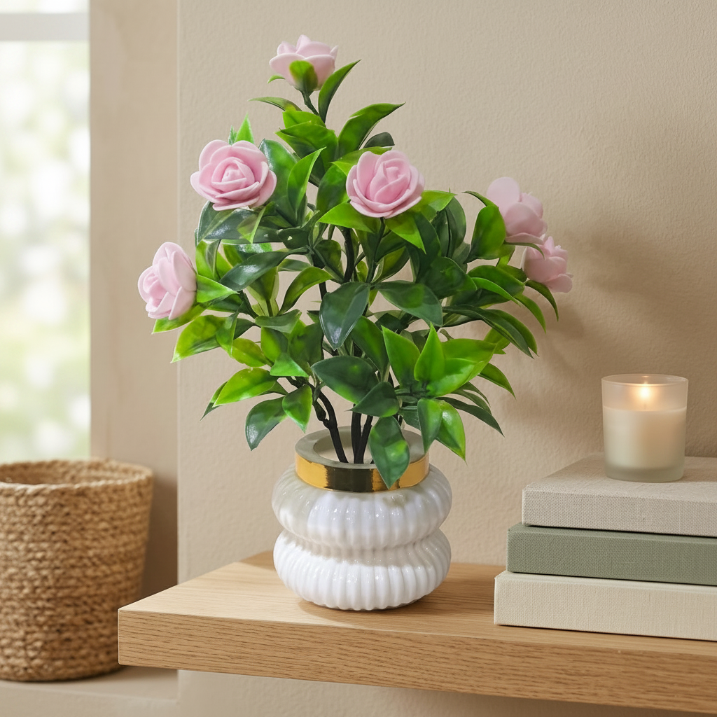 Pink Camellia-Style Blossoms and lush green foliage in a white, ribbed Plastic Pot