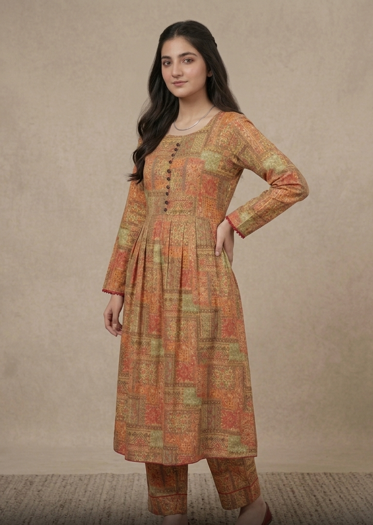 2-Pcs Printed Lawn Suit (Frock Style Shirt & matching Trouser) -Stitched