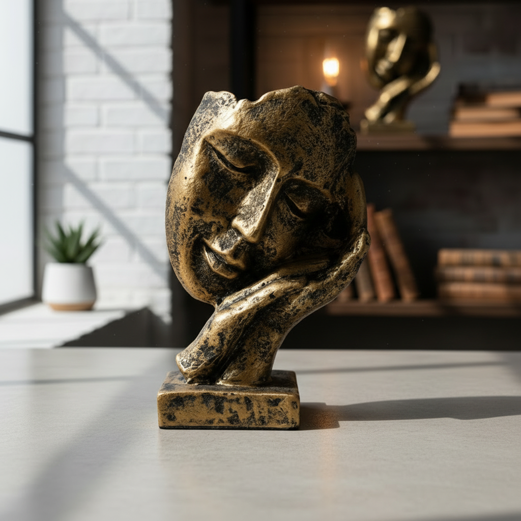 Golden-Black Vintage look Silent Face Sculpture with Hand on Ear & Cheek