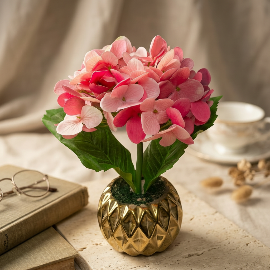 Golden Ceramic Pot with Artificial Pink Hydrangea Flowers