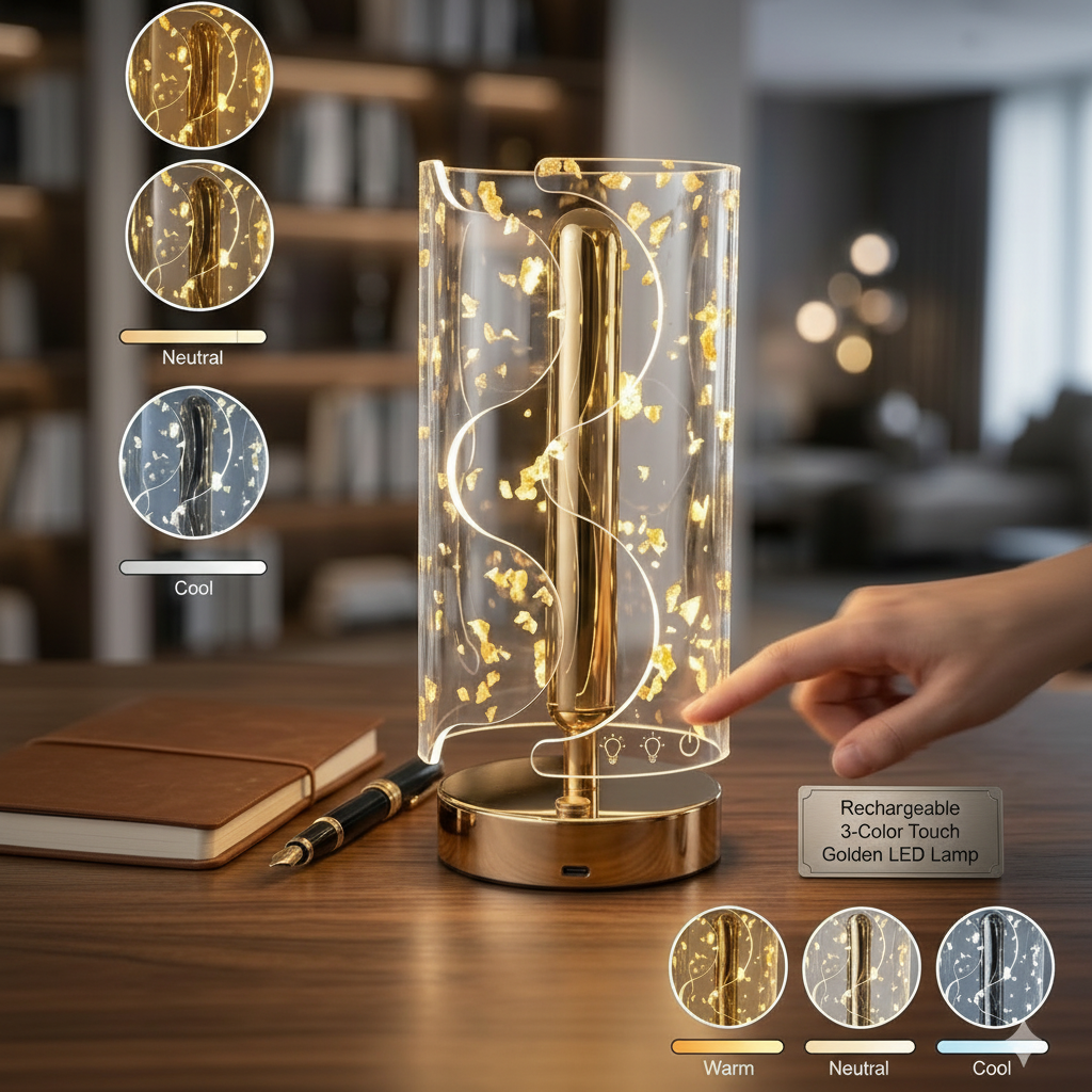 Golden LED Desk Lamp – 3 Light Colours, Portable, Rechargeable, Touch Sensor
