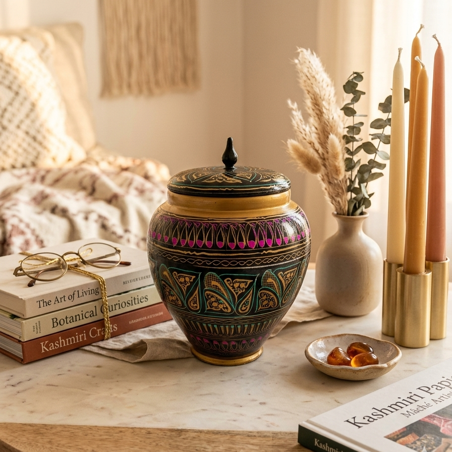 Pink-Yellow-Black Wooden Artistic Naqshi Candy Jar