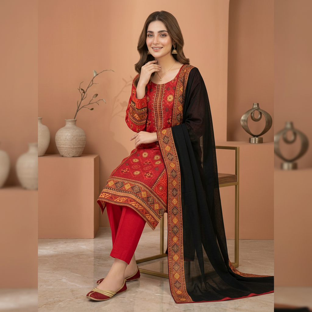 3-Pcs Printed & Embroidered Lawn Suit (Stitched)