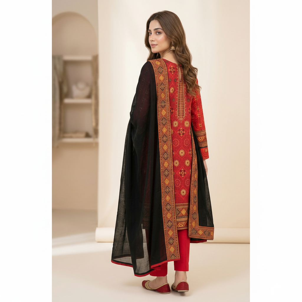 3-Pcs Printed & Embroidered Lawn Suit (Stitched)