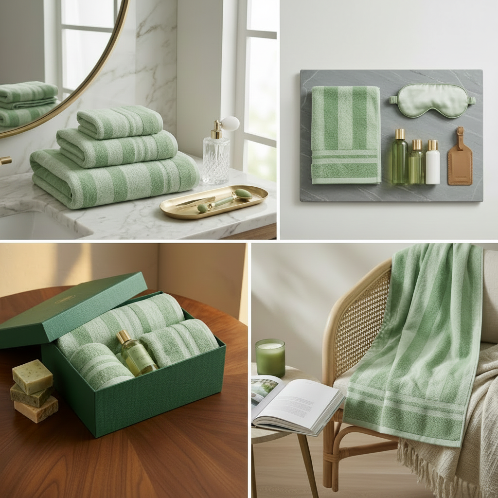 3 Pcs Premium Quality Yarn Dyed Towels Set (Light & Mid Green Stripes)