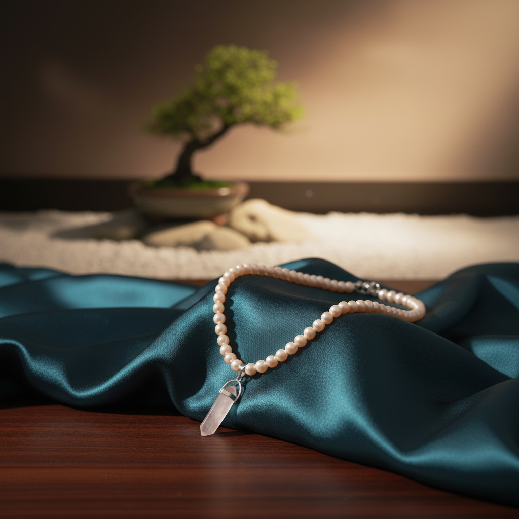 Peach Pearls Necklace with Hexagonal Column Marble Charm in Gift Packing